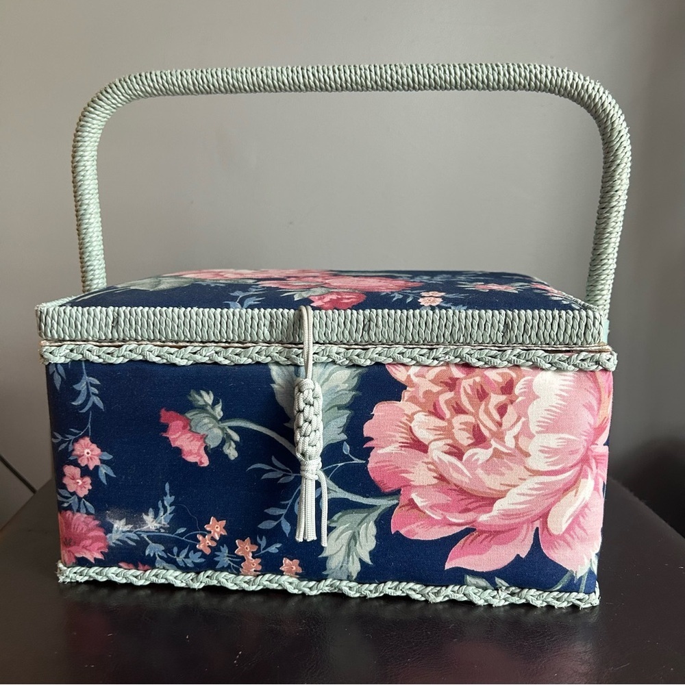 Floral Navy Fabric Sewing Basket with Mint Handle